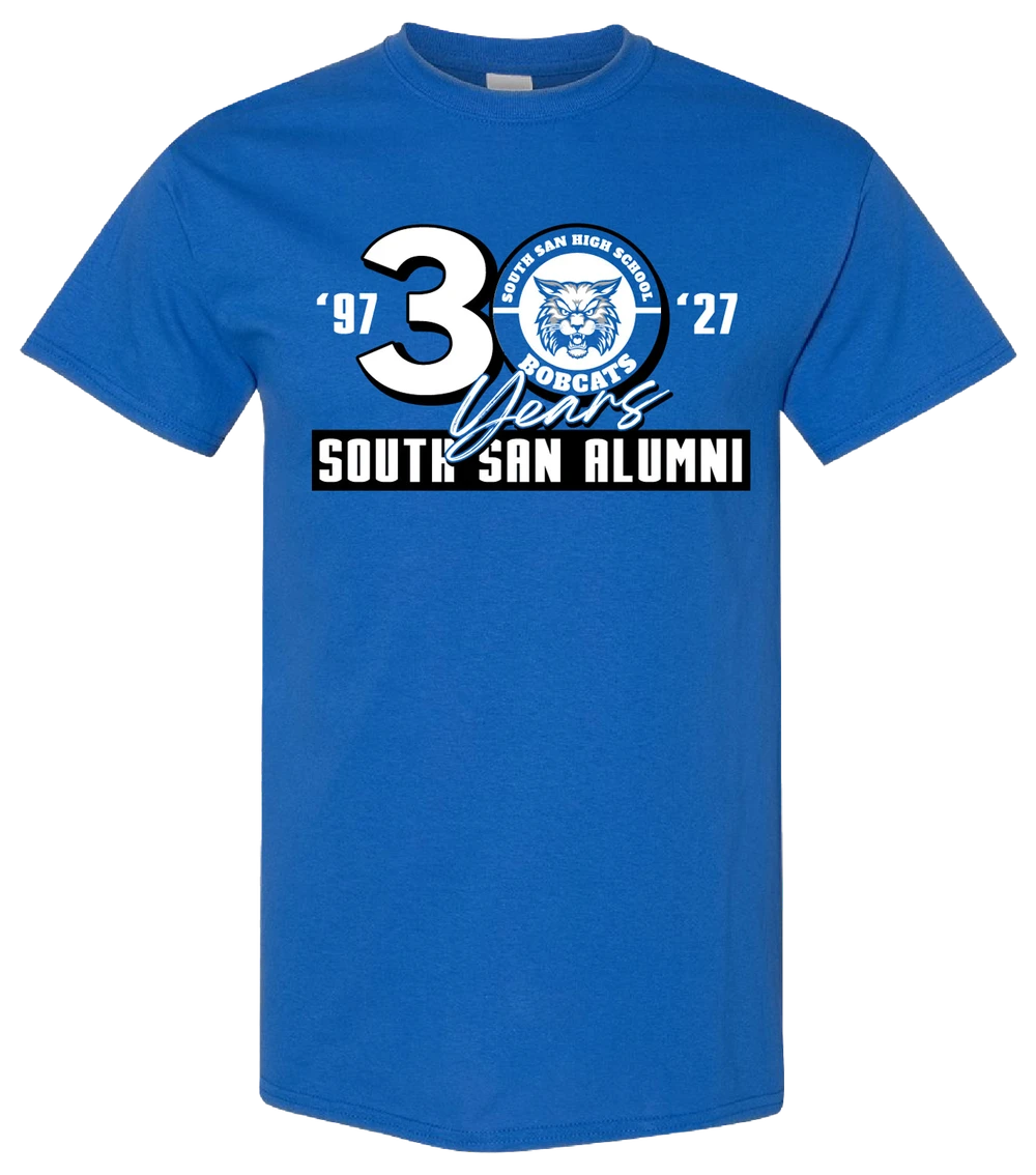 Royal blue South San 30-year alumni tee